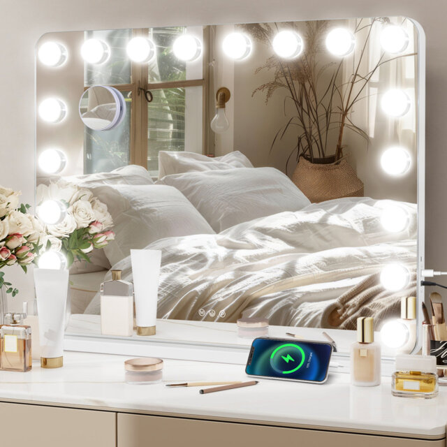60x80 Makeup Mirror with Charging, 3 Color Light Large Mirror with 18 dimmable LED Bulb