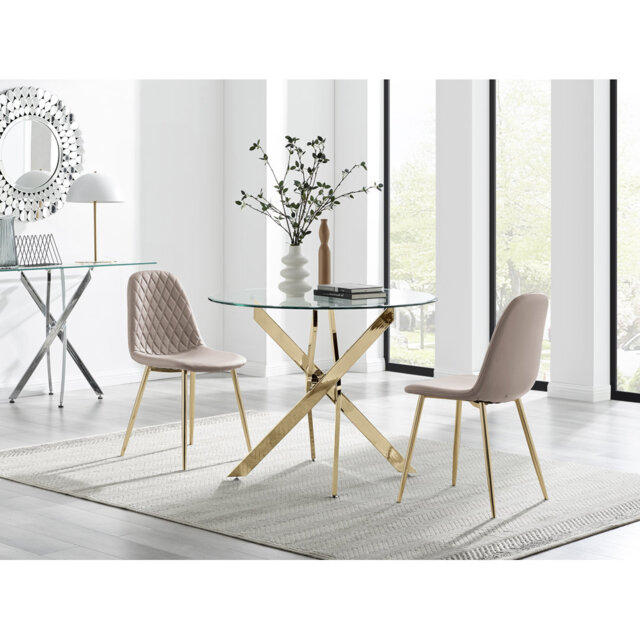 Bernell Glass And Chrome Metal 2 Seat Round Dining Set With Luxury Faux Leather Dining Chairs
