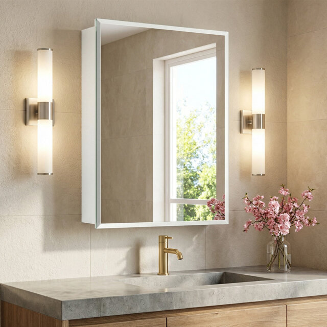 Rectangular Beveled Frameless Mirror Cabinet, Wall Mounted Cabinet For Bathroom Toilet Kitchen,Recess Or Surface Mount Installation