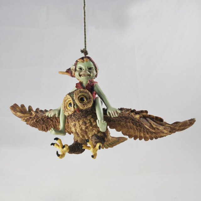 Pixie Riding Owl on Rope Hanging Outdoor Garden Statue