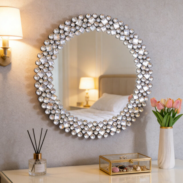 Freelon Round Crystal Framed Wall Accent Mirror 60x60CM