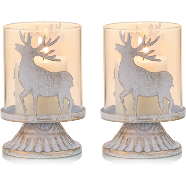 Stag Pillar Candle Holders, Set Of 2, Decorative Reindeer Candle Stands