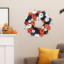 Halloween Pumpkin Wreath, 45cm Autumn Wreath for Front Door with Orange, Black and White Pumpkins, Rattan Base Halloween Indoor Outdoor Home Party Dec