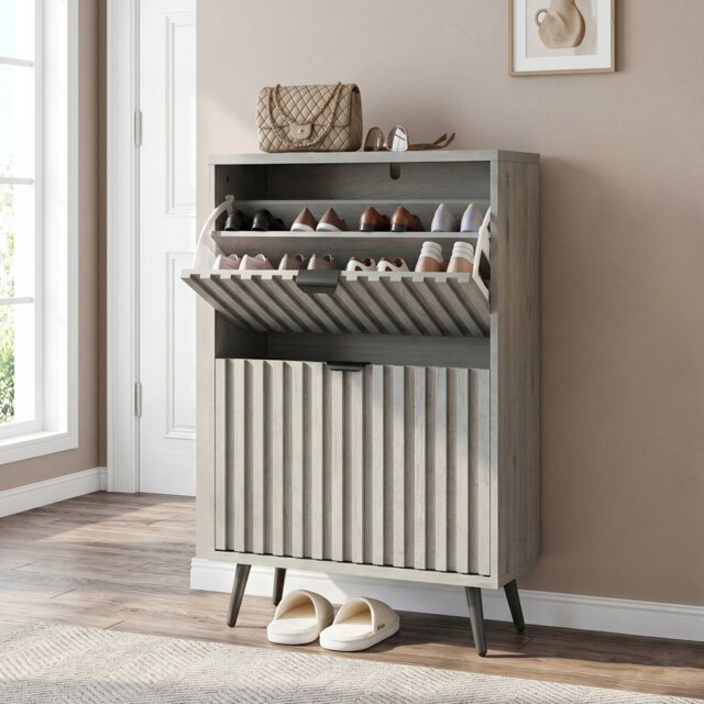 Mid-Century Shoe Cabinet With Fluted Doors & Tilt-Out Drawers For Entryway, Hallway & Closet