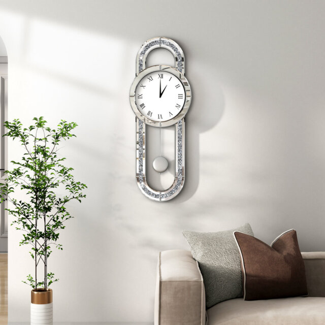 Mirrored Wall Clock with Crushed Diamond Inlay & Decorative Pendulum – 80cm Glam Design