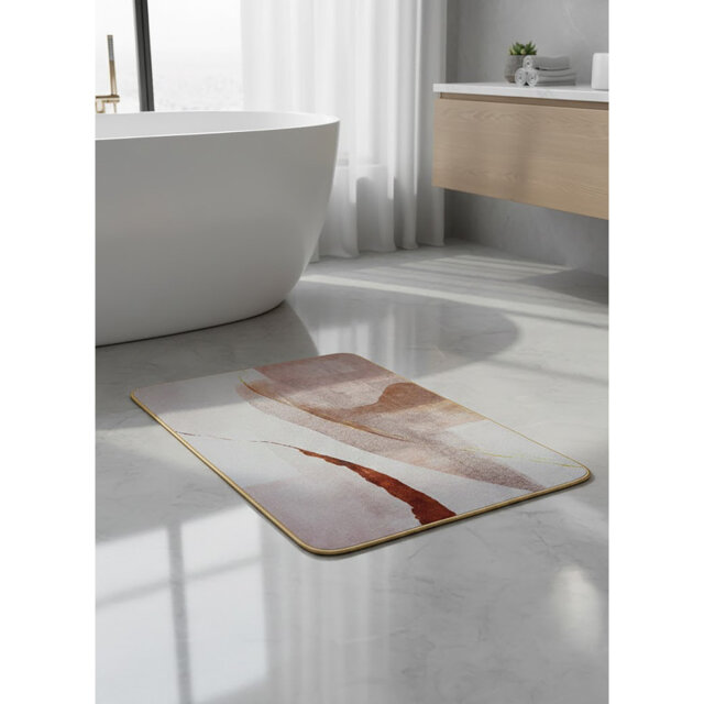 Muted Terracotta & Gold 3-Piece Bathroom Rug Set: Abstract Earth Tone Non-Slip Bath Mat, Rug, and Matching Lid Cover