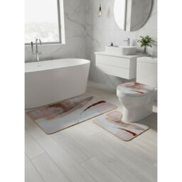 Muted Terracotta & Gold 3-Piece Bathroom Rug Set: Abstract Earth Tone Non-Slip Bath Mat, Rug, and Matching Lid Cover