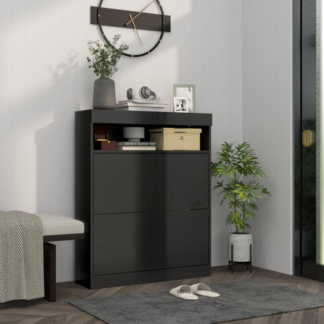 HOMCOM Narrow Shoe Cabinet Wall Mounted or Freestanding High Gloss