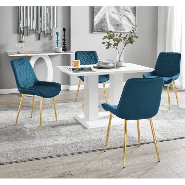 Edzard Double Pedestal High Gloss Dining Table Set with 4 Luxury Velvet Dining Chairs