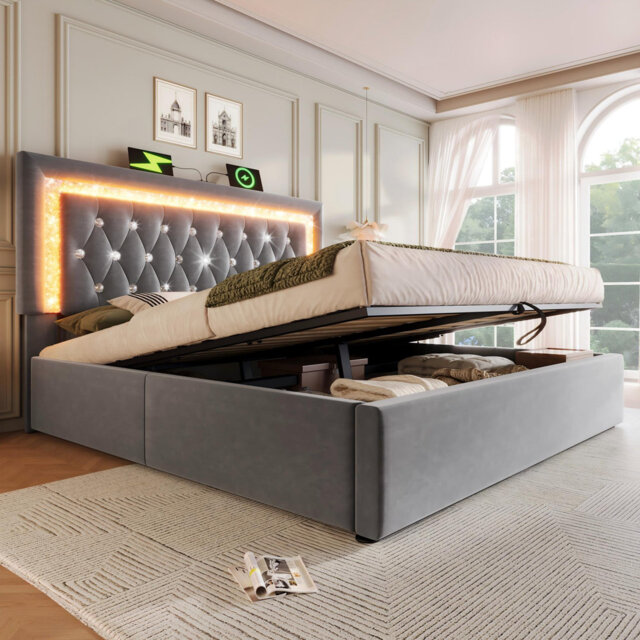6ft Ottoman Bed With Adjustable Led Headboard Velvet Grey