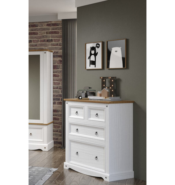 Choe 4 Drawer Chest, White and Antique Wax Finish, Corona design