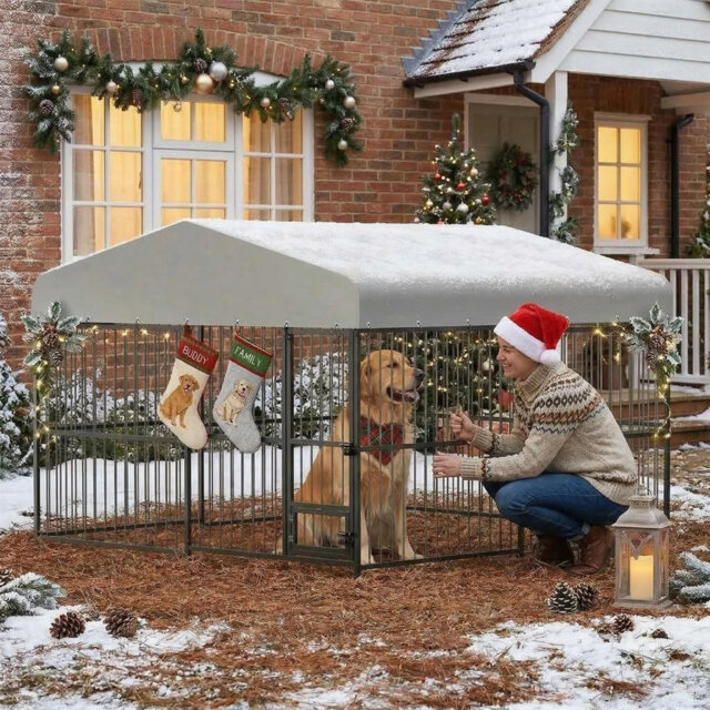 Large Heavy Duty Outdoor Dog Kennel 3x3x1.8m - Metal Dog House with Galvanized Iron, UV-Resistant Waterproof Roof, Rotating Feeding Bowl, Secure Locks