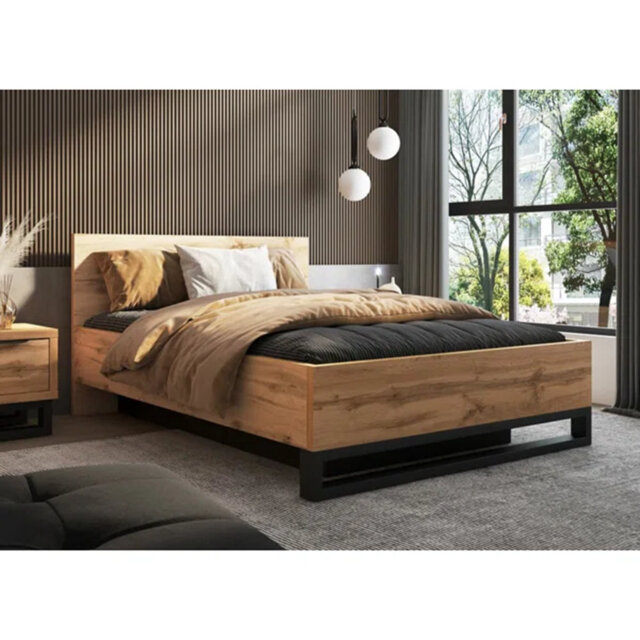 Stylish Oak Wotan & Black Ottoman Bed - Moville EU Double W148cm