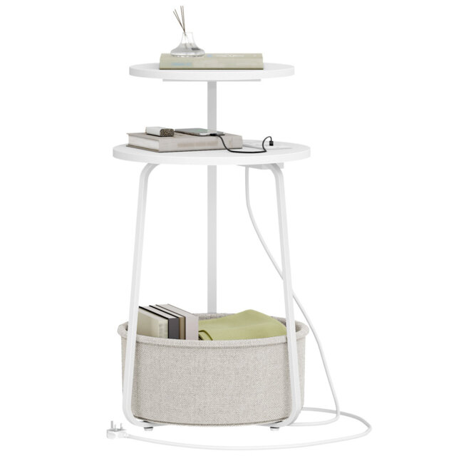 Round Side Table with Charging Station, 2-Tier Coffee Table with Storage Fabric Basket and Power Outlet, Bedside Table for Living Room, Bedroom, White