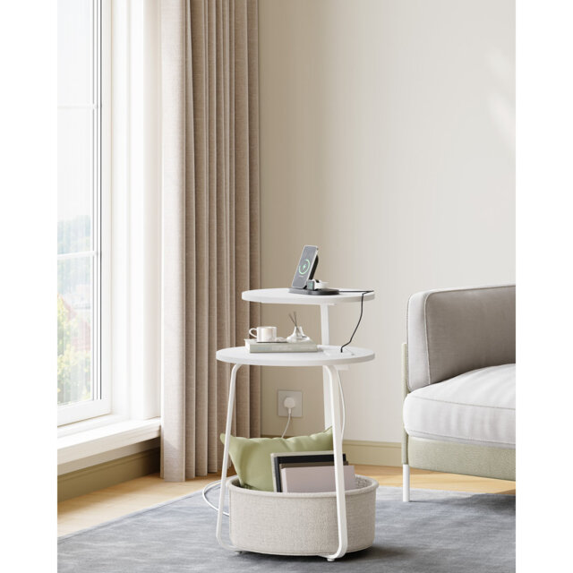 Round Side Table with Charging Station, 2-Tier Coffee Table with Storage Fabric Basket and Power Outlet, Bedside Table for Living Room, Bedroom, White