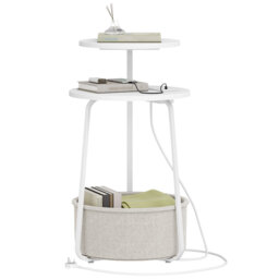 Round Side Table with Charging Station, 2-Tier Coffee Table with Storage Fabric Basket and Power Outlet, Bedside Table for Living Room, Bedroom, White