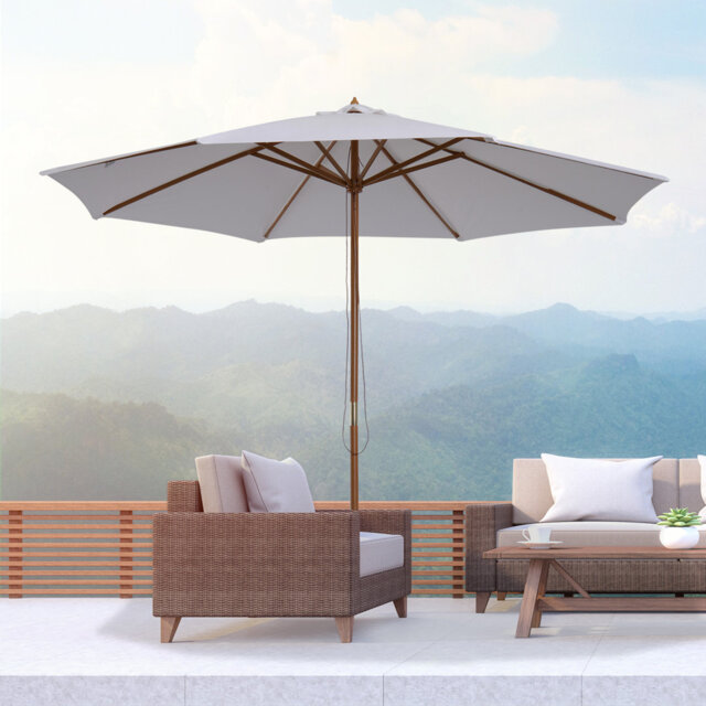 3m Garden Parasol, Pulley Operated Patio Umbrella, Wooden Pole, 3-position Angle Adjustable, 8 Ribs, Vented Canopy, Outdoor Market Umbrella, Cream Whi