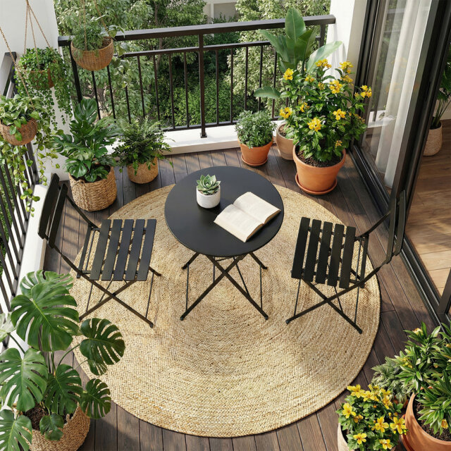 3 Piece Foldable Patio Bistro Set, Outdoor/Indoor Metal Table and Chairs Furniture, Compact Round Table with 2 Folding Chairs for Balcony, Porch, Deck