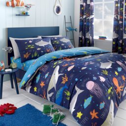 Sea Life Navy Blue/Gray/Orange 132 TC Reversible Duvet Cover Set