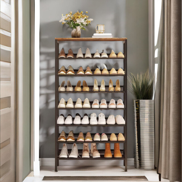 Shoe Rack 8 Tier Rustic Brown Industrial Hallway Furniture