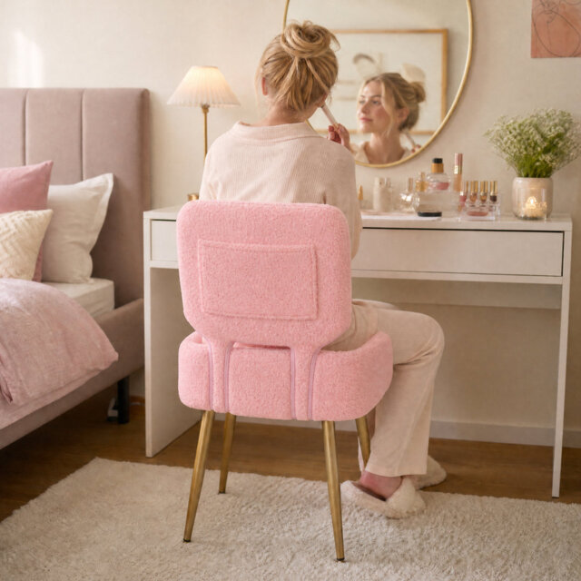 Modern Upholstered Vanity Stool Chair with Storage - Makeup Vanity Seat Ottoman - Collapsible Backrest, Compact for Bedroom Dressing Table - Pink