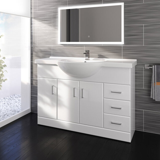 iBathUK 1200mm White Gloss Basin Vanity Unit Sink Cabinet Bathroom Drawer Storage Furniture