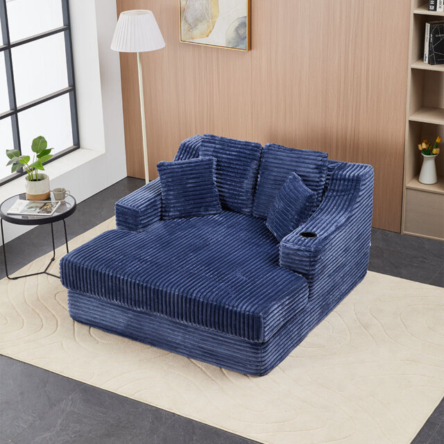 Beige Corduroy Chaise Lounge Sofa Bed