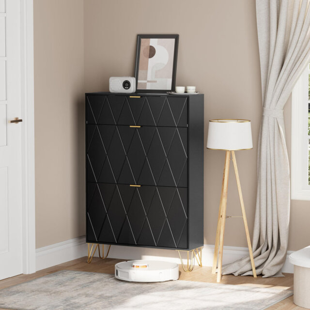 Modern Wooden Shoe Cabinet With Flip Drawers, Tilt-Out Storage For 16 Pairs, 3 Compartments & Hidden Shelf, Diamond Fronts, Black With Gold Legs