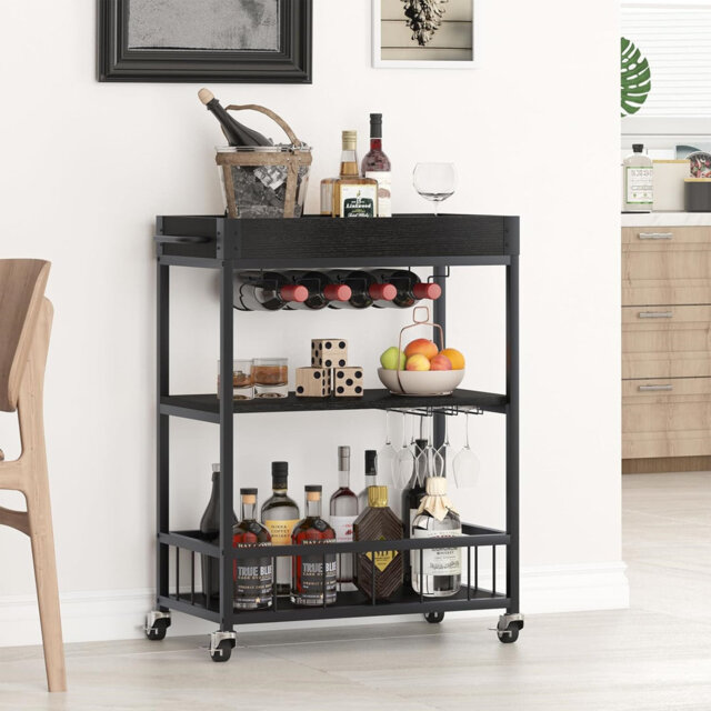 3 Tier Bar Cart On Wheels With Wine Rack And Handle, For Dining Living Room,Black