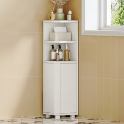 Tall Bathroom Cabinet, Corner Bathroom Cupboard with 3 Open Shelves and 2 Door, Freestanding White Wooden Corner Shelf Unit for Small Spaces, 20 x 20