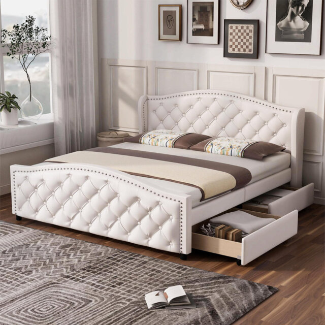 Ahnaya Upholstered bed 140 x 200 cm - bed with slatted frame, 2 drawers and headboard with pull-point rivets, wood & artificial leather - white youth