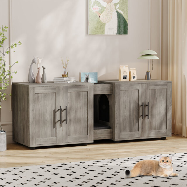 55 Inches Wooden Cat Litter Box Enclosure for 2 Cats, Hidden Litter Boxes Furniture with Cat Scratch Pad, Cat House Washroom Storage Cabinet Side End