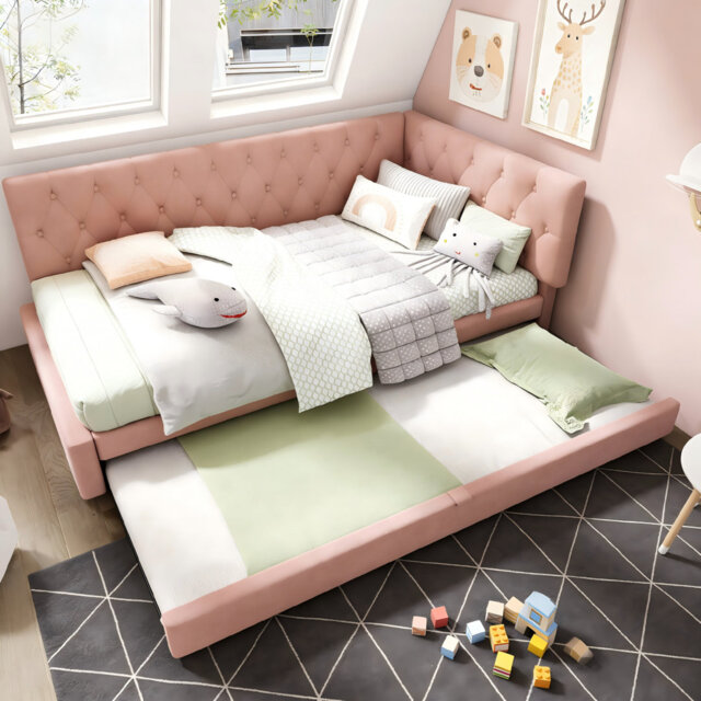 Velvet Upholstered Daybed With Pull-out Trundle, 3ft Single Sofa Bed â 90 X 190 Cm, Ottoman Storage Base, L-shaped Design With Adjustable Headboard,