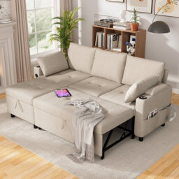 203cm 3-in-1 Sleeper Sofa Bed with Pull-Out Mattress, Reversible Chaise Sectional with Storage, USB