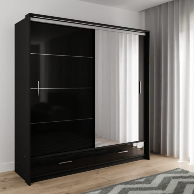 Biddick W208cm Sliding Wardrobe - Black Gloss & Mirror, Illuminated Storage