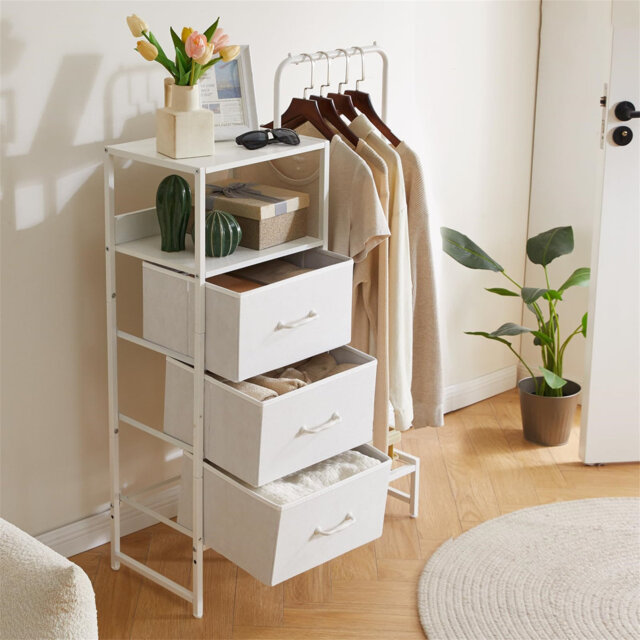 Chest Of Drawers Bedroom With 3 Fabric Drawers, Fabric Dresser With Shelf, Coat Hanger With Shoe Shelf & Shelves For Bedroom, Living Room, Hallway, Of