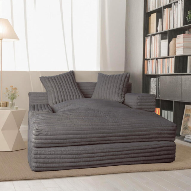 Novelty Living Comfort Upholstered Soft Short Plush Chaise Lounge Boneless Chair For Living Room - Ultra-Soft Wide-Striped Couch With 2 Throw Pillows