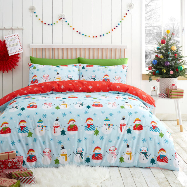 Christmas Snowman Polyester Block Print Duvet Cover Set with Pillowcases Included