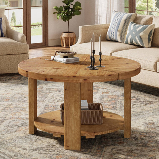 Solid Wood Round Coffee Table For Living Room, 31.5” Farmhouse Wooden 2-Tier Circle Center Cocktail Accent Table With Storage Shelf