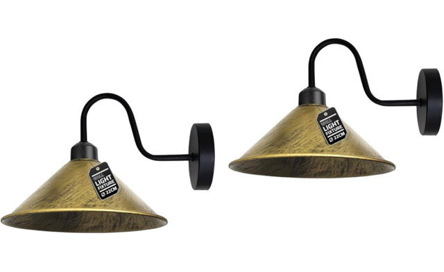 Wall Lights 2 Pack Indoor Modern Brushed Brass 22cm Cone Shaped Shade Swan Neck Led Sconce Fittings Not Battery Operated Wall Lamp for Living Room, Be