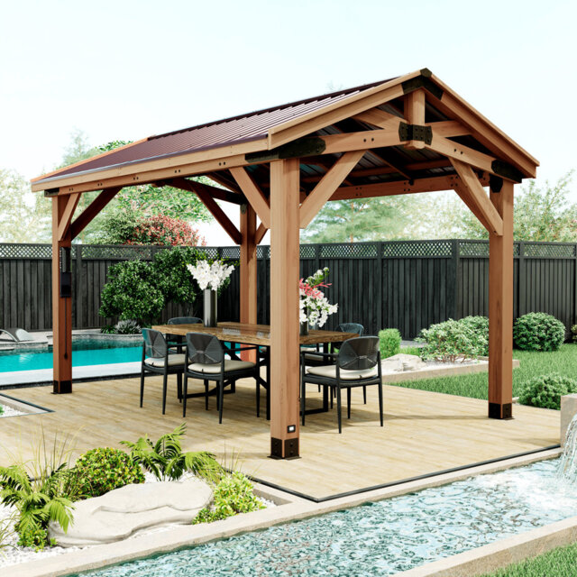 Backyard Discovery Norwood Cedar Wood Outdoor Patio Gazebo With Powerport 4.4mx 3.1m (14ft X 10ft)