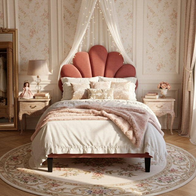 EU Single (90X200cm) Scalloped Shell Bed, Glam Upholstered Platform Frame, Burgundy & Beige Velvet