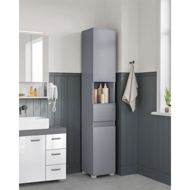 Bathroom cabinet, bathroom cabinet with drawer, adjustable shelves, open compartment, 30 x 30 x 170cm