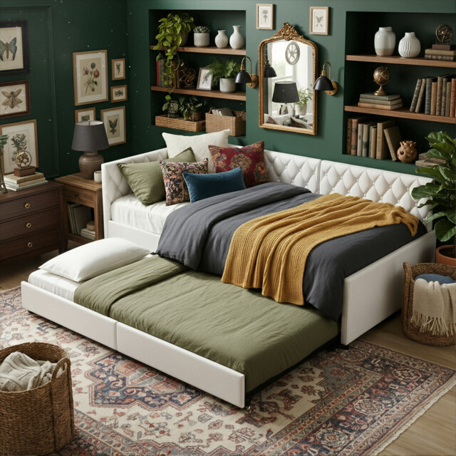 Velvet Corner Daybed With Trundle, Upholstered Guest Sofa Bed With Button Tufting, European Single (90X200cm) (Mattress Not Included)