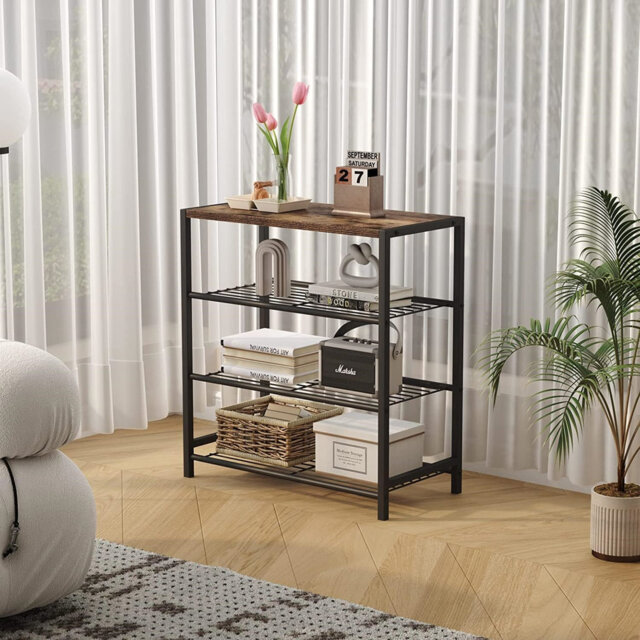 4-Tier Industrial Shoe Rack,Stable Metal Frame,Space Saving, Weather Resistant, Durable,Rustic Brown And Black