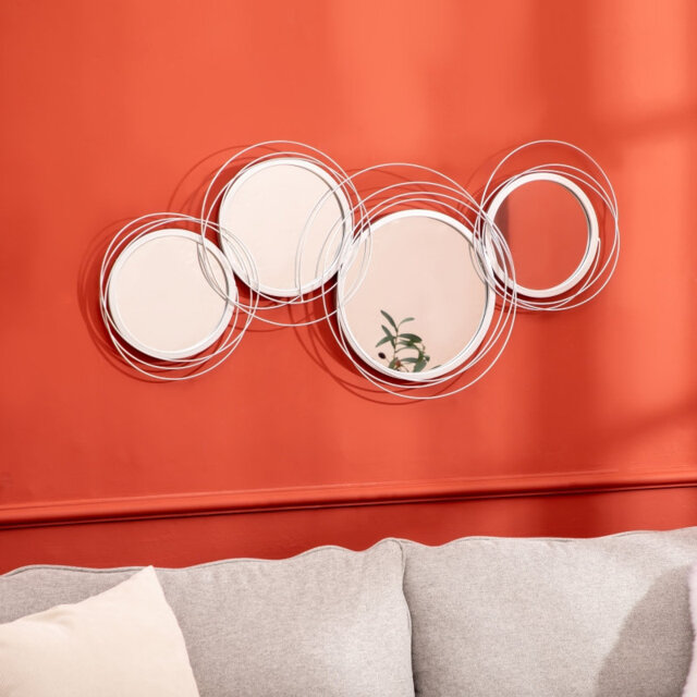 Silver Circular Wall Mirror Set of 4, Layered Ring Metal Frame Decorative Mirror, Modern Wall Sculpture for Living Room/Bedroom/Entryway, 107cm W x 56