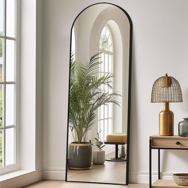 Full Length Mirrors Free Standing Floor Mirror Full Body Wall Mirror Arch Black Frame 147x44 CM