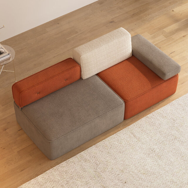 Grey Modular Sofa with Orange Accents, 200cm Wide Low Profile Settee with Movable Pillows Fast Dispatch From UK Warehouse – Dispatched Within 2 Days