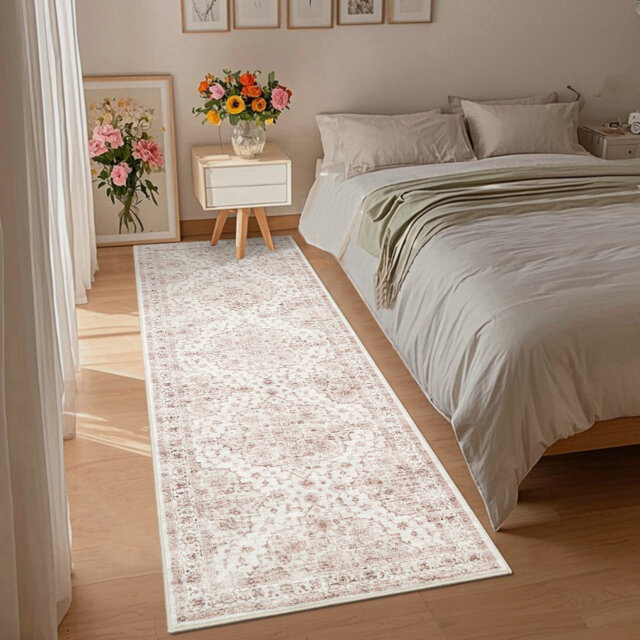 "3.9Ã5.6Ft Pink Vintage Distressed Area Rug - Ultra-Thin 0.25"" Low Pile Non-Shedding Non-Slip Rug for Living Room Bedroom Hallway"