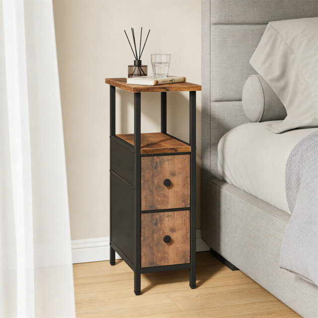 Slim Bedside Table With 2 Fabric Drawers, Nightstand For Small Spaces, Sofa Table With Open Storage Shelf For Bedroom Living Room